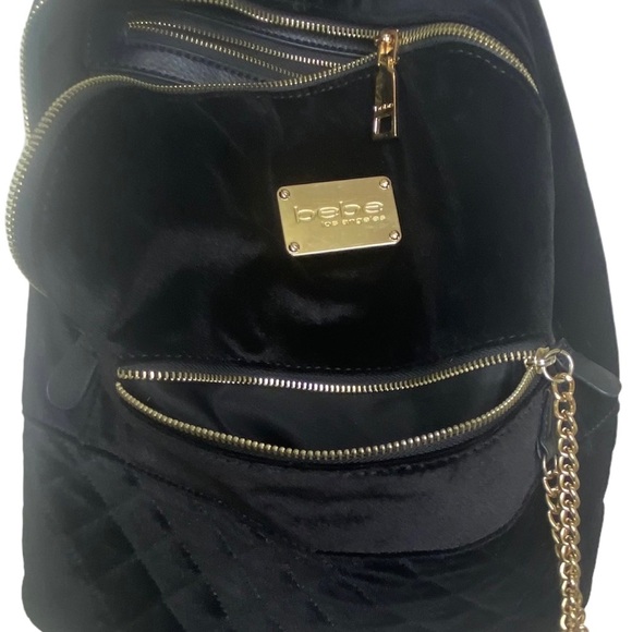 Bebe Women’s Black Gina Velvet Large Backpack Gold Tone Hardware Adjustable - Picture 13 of 16